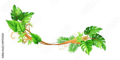Tropical jungle foliage and exotic vine horizontal border, vector