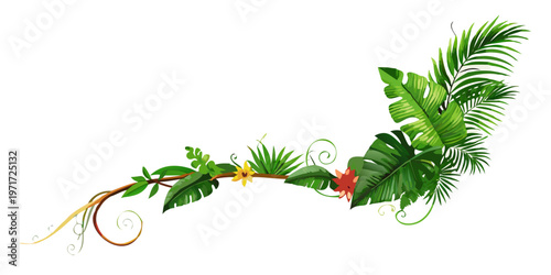 Tropical green foliage and jungle vine arrangement, vector