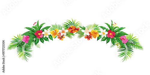 Tropical exotic floral border with palm leaves, vector