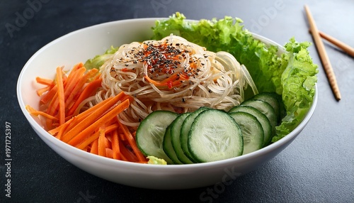 white bowl filled with noodles lettuce carrots cucumbers and seasoning