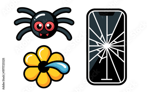 Cute cartoon graphics including a spider, broken phone and flower