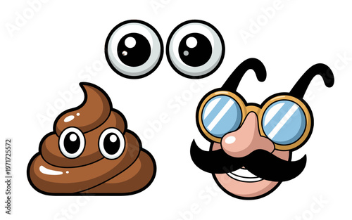 Funny poop emoji, eyes and disguise elements.