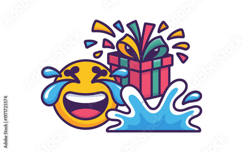 A cheerful emoji bursting with laughter, a wrapped gift, and water splashes.
