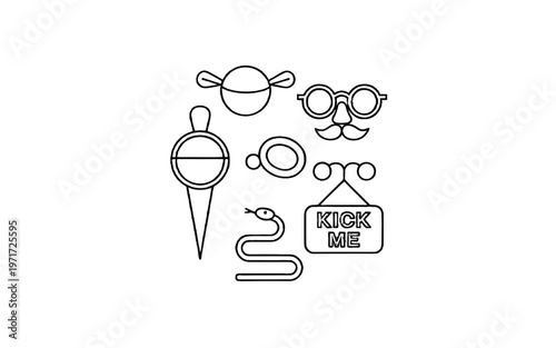 A collection of whimsical and humorous objects against a simple backdrop.