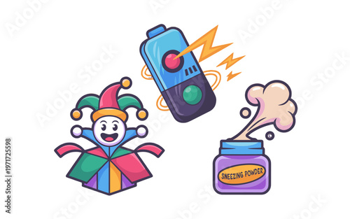 A humorous illustration featuring a whimsical jack-in-the-box, a remote, and a sneezing powder.