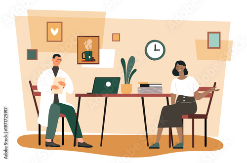 Two people talking in a medical office, shown in a flat graphic style on a light indoor background, expressing healthcare communication and support. Hand-drawn vector illustration