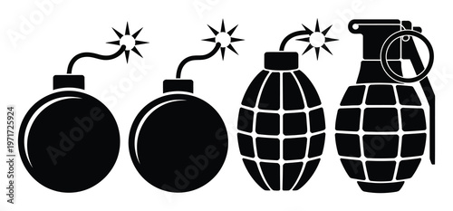Black Silhouette of Bombs and Grenades on White Background