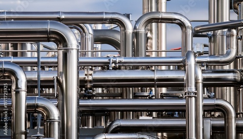 complex metal pipes system with shiny silver fittings