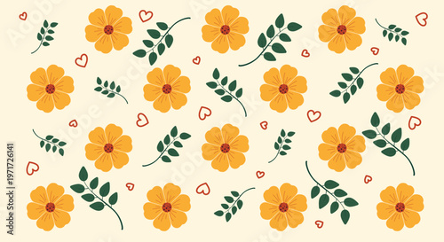 Seamless pattern with yellow flowers, green leaves and tiny hearts shown in flat style on a light background, expressing cheerful nature and romantic mood. Hand-drawn vector illustration
