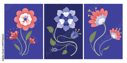 Stylized blooming flowers arranged in three decorative panels, flat graphic style, set on a deep violet background, symbolizing elegance nature. Hand-drawn vector illustration