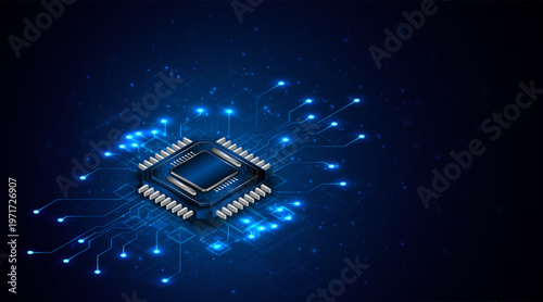 Microchip processor circuit board technology on dark blue background. Information Processing Concept. Circuit board hi-tech technology background. vector illustration