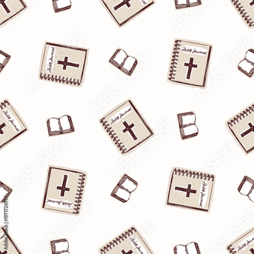 Bible book of Gods word vector pattern. Seamless wallpaper for Christian bible study, faith notes and sermon jorunal. Religious lino cut background. 