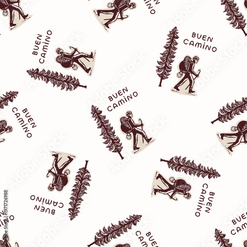 Pilgrim man figure with backpack seamless vector pattern. Hand drawn black and white religious christian pilgrimage background. For hiking all over print. 