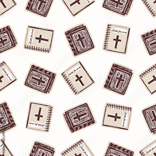 Bible book of Gods word vector pattern. Seamless wallpaper for Christian bible study, faith notes and sermon jorunal. Religious lino cut background. 