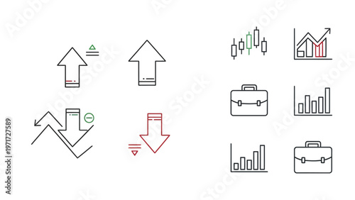 Set of thin line business icons featuring upward and downward trend arrows alongside bar charts and professional leather briefcases