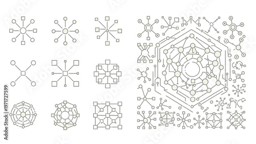 A collection of technical network diagrams showing interconnected nodes and geometric shapes illustrating complex data architecture and structural connectivity patterns