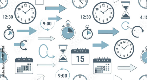 Various analog wall clocks and digital calendars combined with sand timers and blue direction arrows create a repeating pattern design.