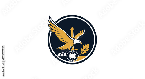 A majestic eagle with spread wings perched atop a mechanical gear icon featuring an upward pointing arrow and oak leaf