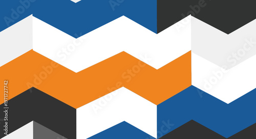 Modern abstract geometric pattern featuring dynamic zigzag lines and volumetric chevron shapes in bold blue, orange, white, and dark gray hues.