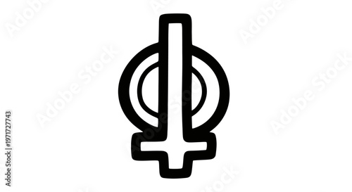 A black and white hand drawn abstract geometric symbol features a vertical line intersecting a circular shape with small appendages