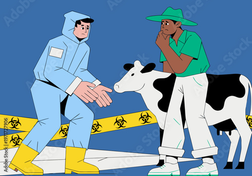 Close up flat vector illustration of tense conversation between farmer and veterinarian in protective gear near cow with biohazard examination for foot-and-mouth disease FMD virus tape in background