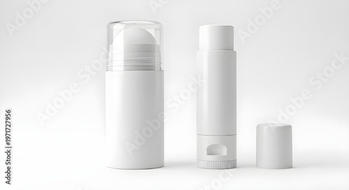 Isolated white deodorant stick and refillable case on plain background