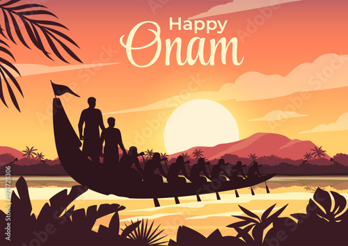 Silhouetted rowers on a long boat during sunset on calm water in a warm graphic style, set against mountains and lush foliage. Hand-drawn vector illustration