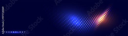Abstract futuristic technology background, glowing particle wave flowing from distance, blue digital grid with orange light accents, modern data stream concept with minimal typography space