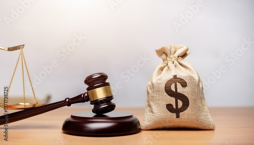 money bag beside judgers gavel representing legal financial penalties for criminal or traffic violations