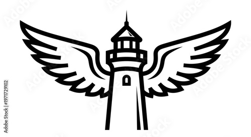 Minimalist black and white vector illustration of a lighthouse with wings in serene design.