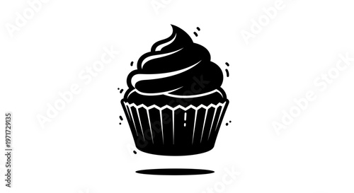 Black and white cupcake silhouette with frosting and liner isolated on plain background.