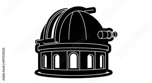 Detailed black and white illustration of an observatory with a domed roof and telescope pointed towards the sky.
