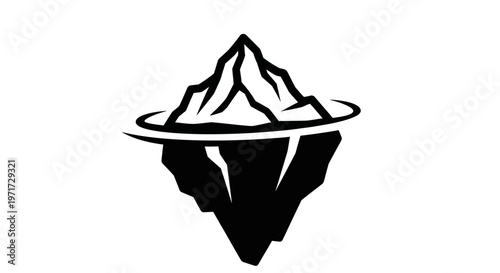 Minimalist black and white illustration of a snow-capped mountain reflected perfectly in a calm body of water below.