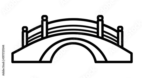 Minimalist line art of a traditional wooden bridge arching over a space with railings on both sides. Illustrated in black and white.