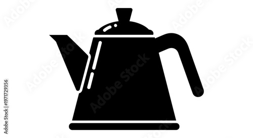 Black silhouette of a vintage-style kettle with a prominent handle and spout on a plain background. Design accents include a lid.