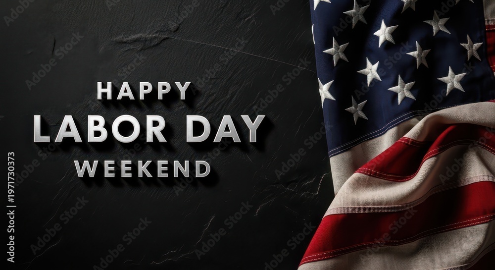 Fototapeta premium US Flag Waving Happy Labour Day Weekend Text Dark Textured Background Festive Celebration