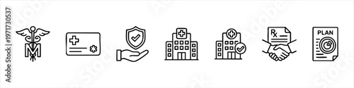 Medical and Healthcare Insurance Icons Set. Symbols of Medicare, Health Plans, Hospital Networks, Prescription Coverage, and Patient Care in Thin Line Style.