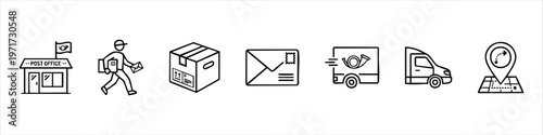 Vector linear icons of postal and delivery services including post office, mailman with package, cardboard box, envelope, delivery truck, and map location tracking marker.
