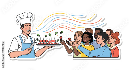 Chef serving food to a diverse group of people