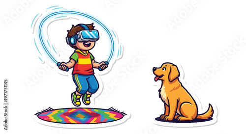 Boy jumping rope with dog watching, colorful illustration