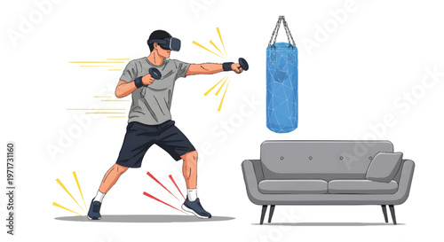 Man wearing VR headset boxing punching bag near sofa