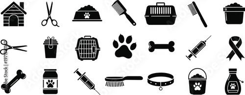 Pet care icons silhouette grooming health and accessories collection