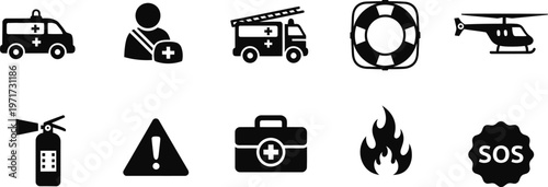 Emergency services icons ambulance firetruck lifeguard and more silhouette