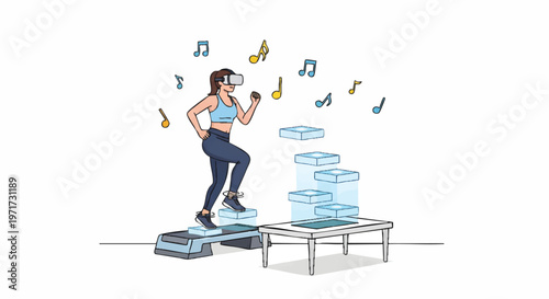 Woman exercising on trampoline with music and blocks