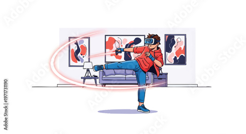 woman in red jacket kicking leg in modern art gallery