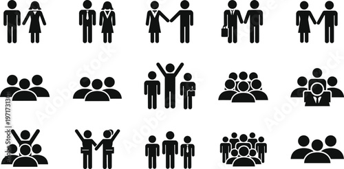 People silhouette icons diverse groups and relationships represented in black