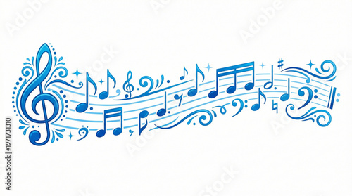 Blue clef music notes key musical border illustration divider clipart, vector stock illustration. Stock Vector