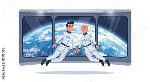 Astronauts floating in space station with Earth view