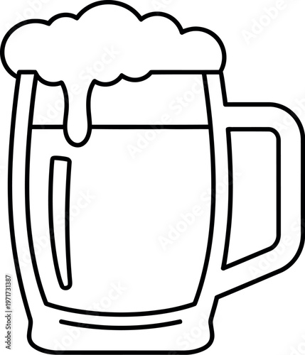 A frothy mug of beer with a thick layer of foam on top and a handle on the side