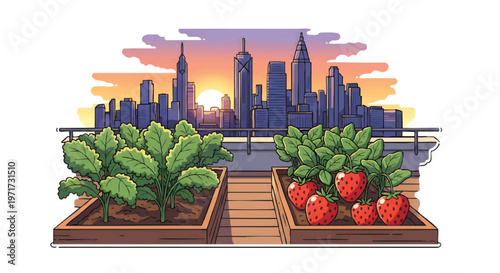 Pixel art rooftop garden with strawberry and lettuce plants, city skyline at sunset